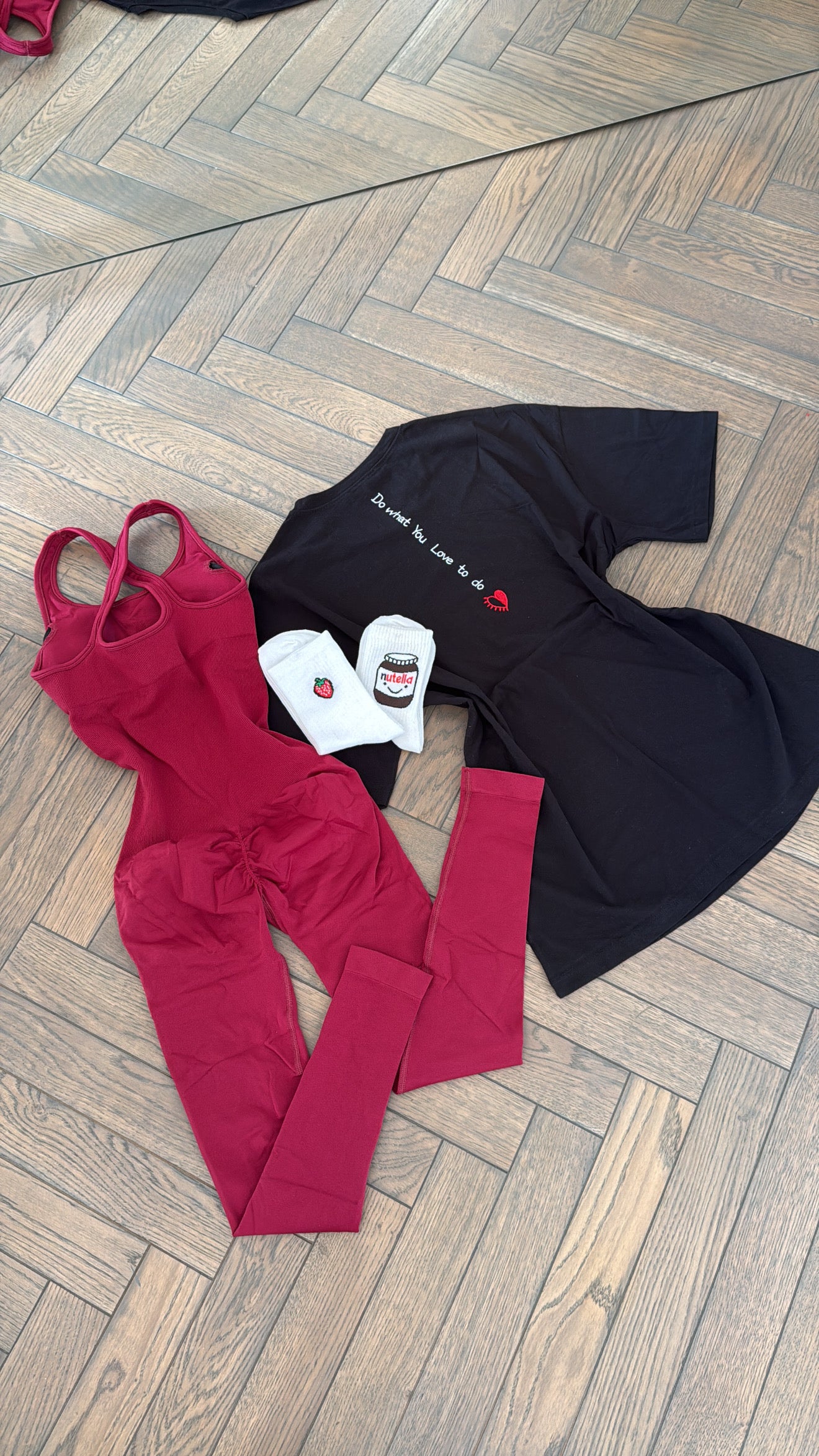 Set- hoodie+cherry red jumpsuit+socks