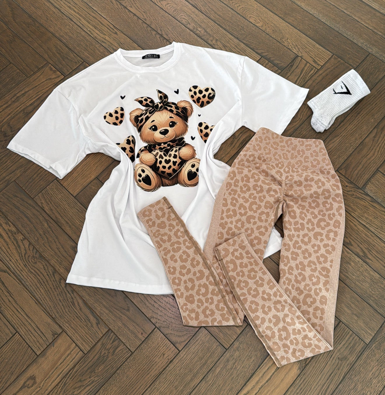 Set- White bbl jacket + beige leopard printed leggings + socks