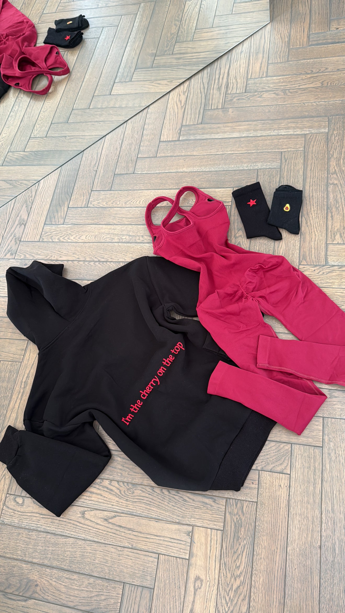 Set- hoodie+cherry red jumpsuit+socks