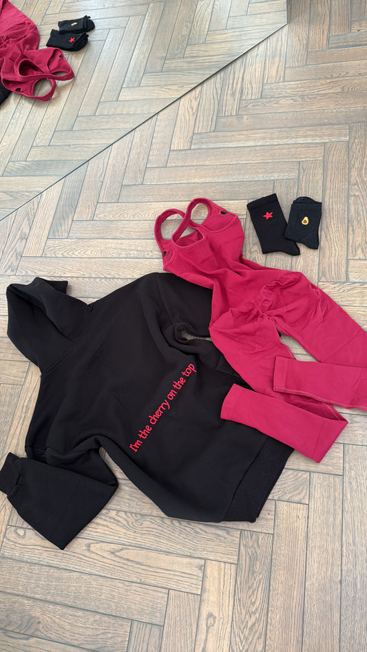 Set- hoodie+cherry red jumpsuit+socks